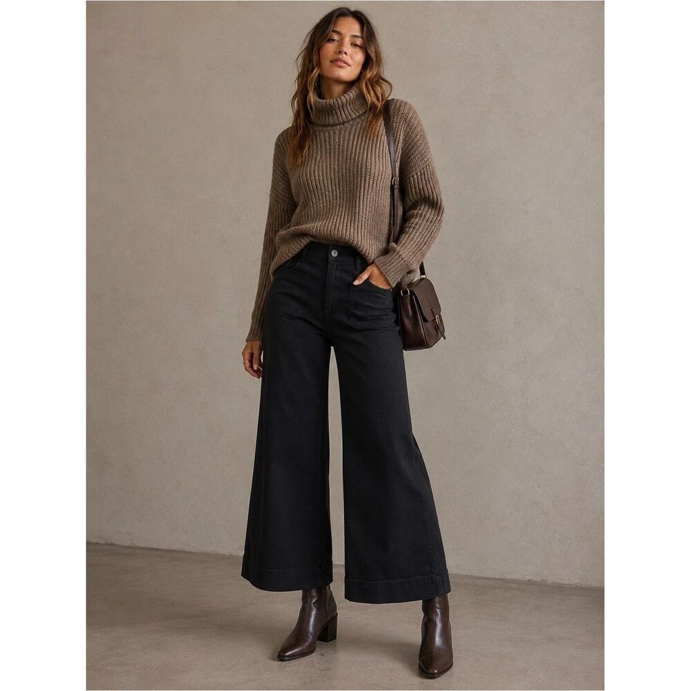 Maeve Anthropologie Black Colette High-Rise Wide-Leg Pants Size 28 Linen Blend